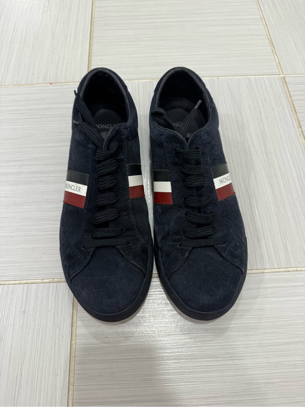 Moncler Navy Suede Sneakers with Tricolor Stripe